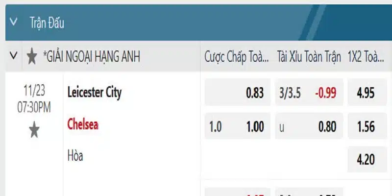Bảng tỷ lệ cược minh họa kèo chấp